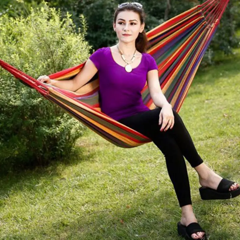 

190*100mm 2 Persons Striped Hammock Outdoor Leisure Bed Thickened Canvas Hanging Bed Sleeping Swing Hammock 2 Color
