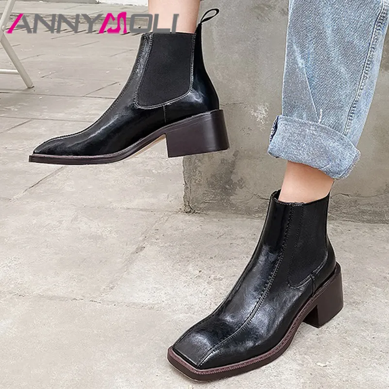 

ANNYMOLI Real Leather Chelsea Boots Women High Heel Ankle Boots Block Heel Short Boots Square Toe Female Shoes Autumn Brown 40