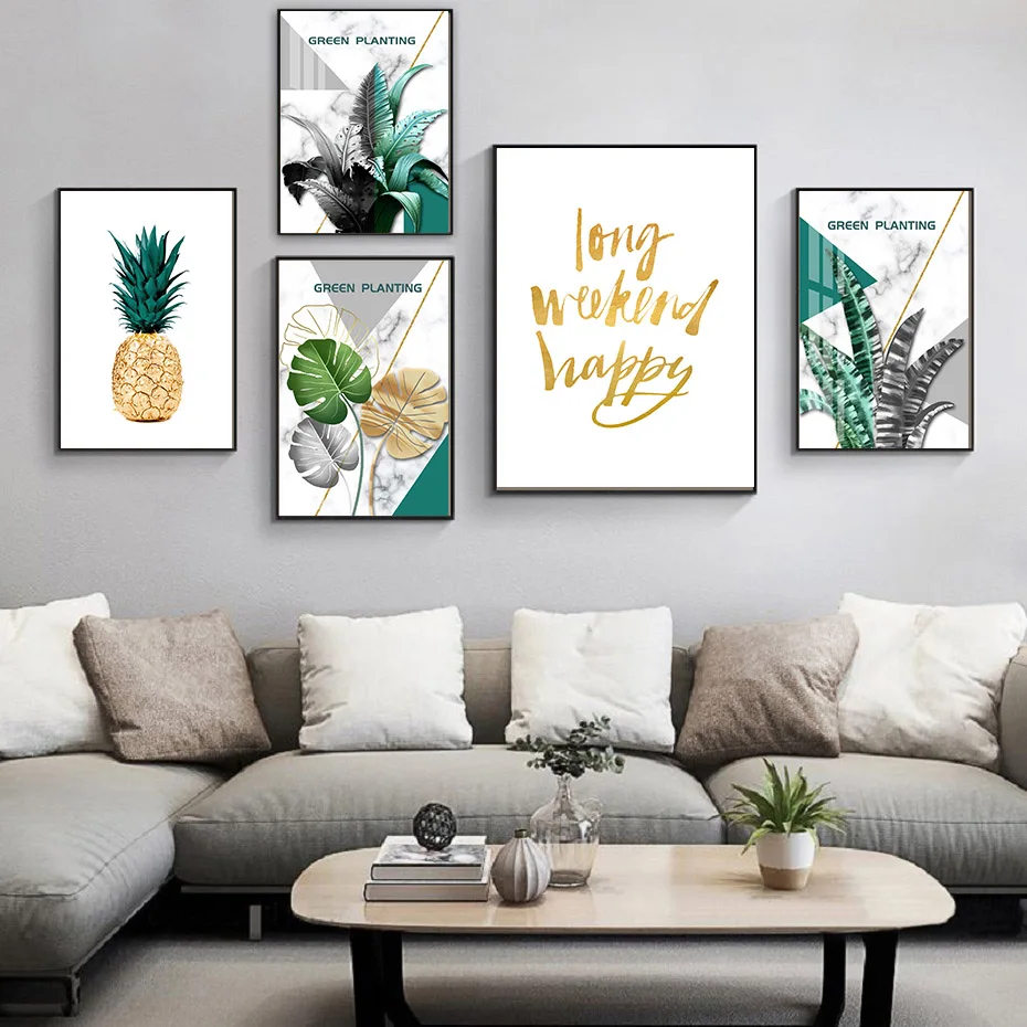 Тропические растения монстера и банан лист ананас настенная Картина на холсте