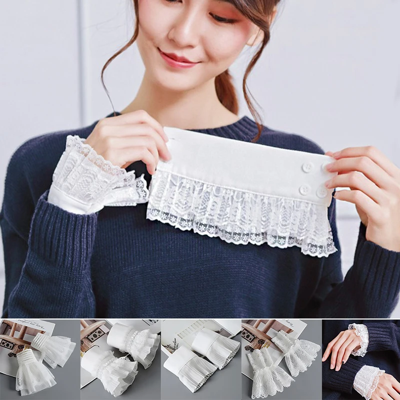 

Women Floral Lace Pleated False Cuffs Ruffles Elastic Wrist Warmers Sweater Blouse Horn Cuffs White Black Fake Flare Sleeve