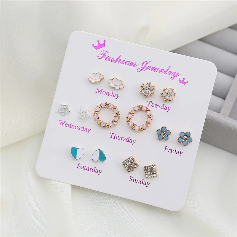

HTZZY Women Fashion Earrings Heart Flowers Cloud Geometry Crystal Stud Earrings Jewelry Korean Trendy One Week Set 7 Pairs