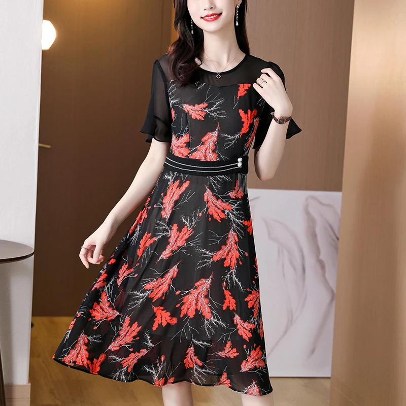 

COIGARSAM Women Dress Summer 2021 New Fashion Office Lady Floral Print Chiffon O-Neck Red Yellow Dresses Traf Vestidos