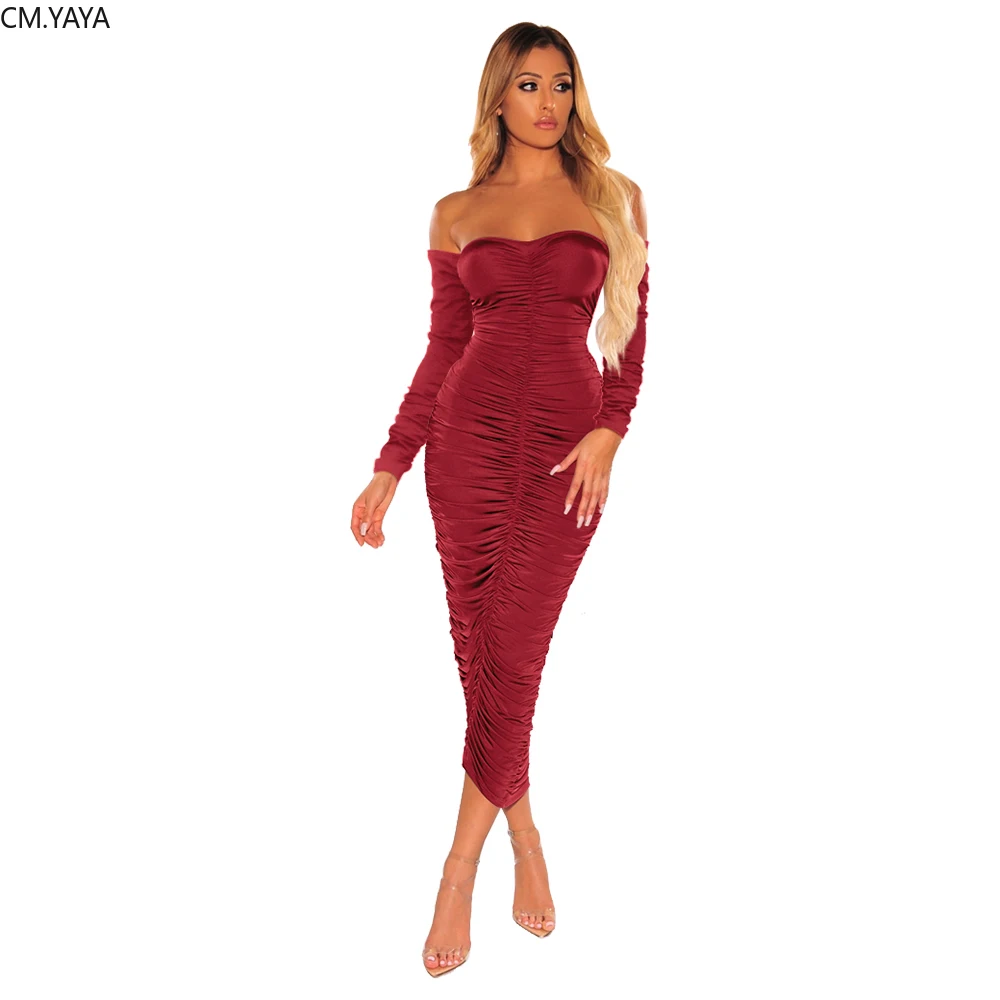 Женское платье миди с длинным рукавом без бретелек открытыми плечами|Женские