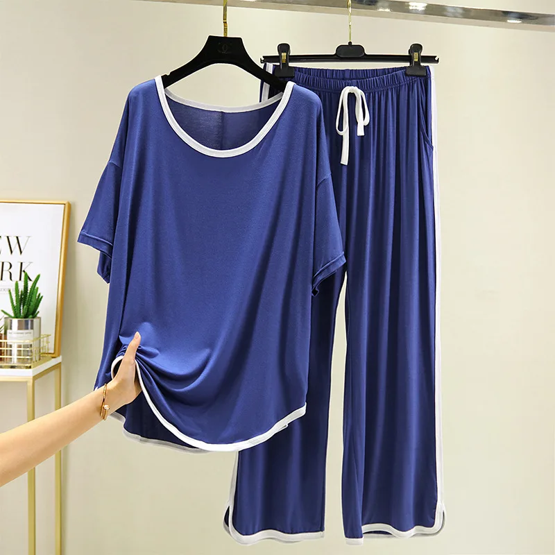 

Modal Casual Suit Female Summer Fashion Round Neck Large Size Home Top High Waist Loose Wide Leg Shorts Two - Piece Home Sets