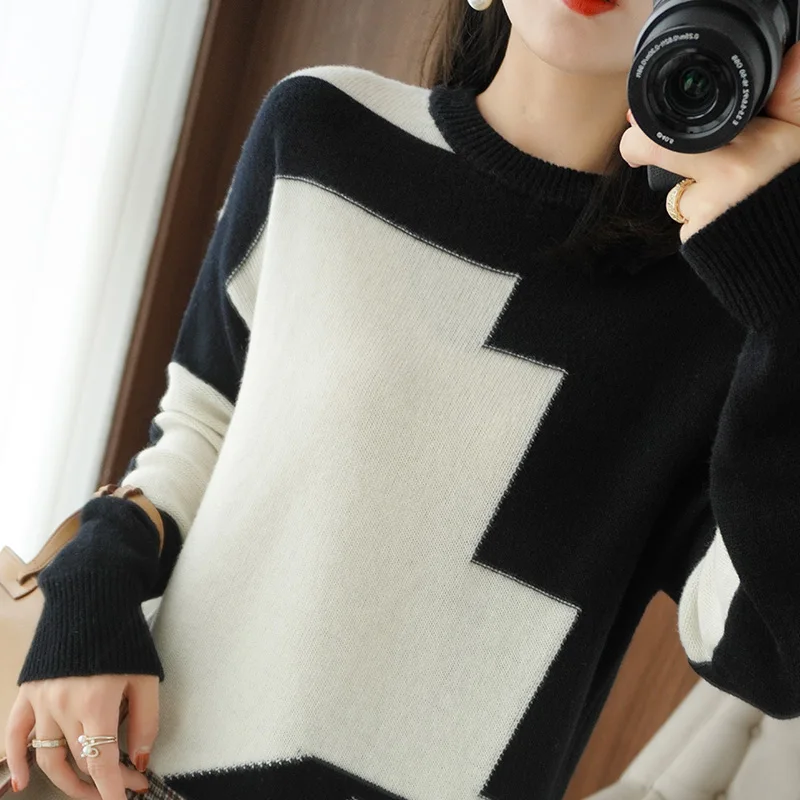 

Женский свитер с круглым вырезом, повседневный трикотажный пуловер из 100%-ной шерсти с длинным рукавом, толстый джемпер, одежда для осени и з...