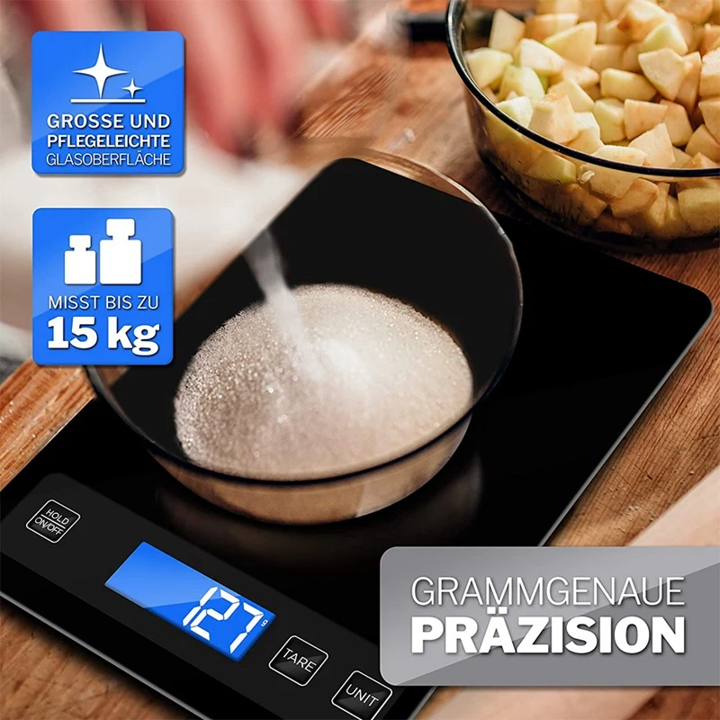 

Kitchen Scales, Digital Kitchen Scales 15Kg, USB Charging, Baking Scales, Extra Large Weighing Surface