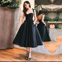 lorie short prom gowns sweetheart spaghetti strap satin a line arabic tea length black wedding party dress for graduation 2021
