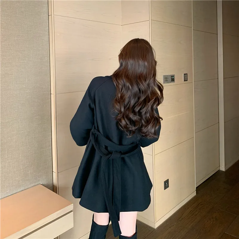 

Women Autumn Winter Black Short Wool Coat Jacket Double Breasted Woolen Overcoat Waistbelt A-line Outerwear Cardigan