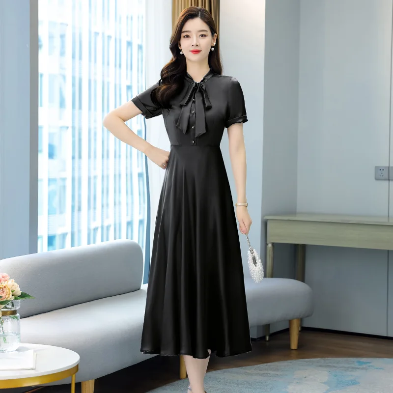 

2021 spring and summer new Korean fashion acetic acid satin temperament lace-up short-sleeved dress women's size fashion tide
