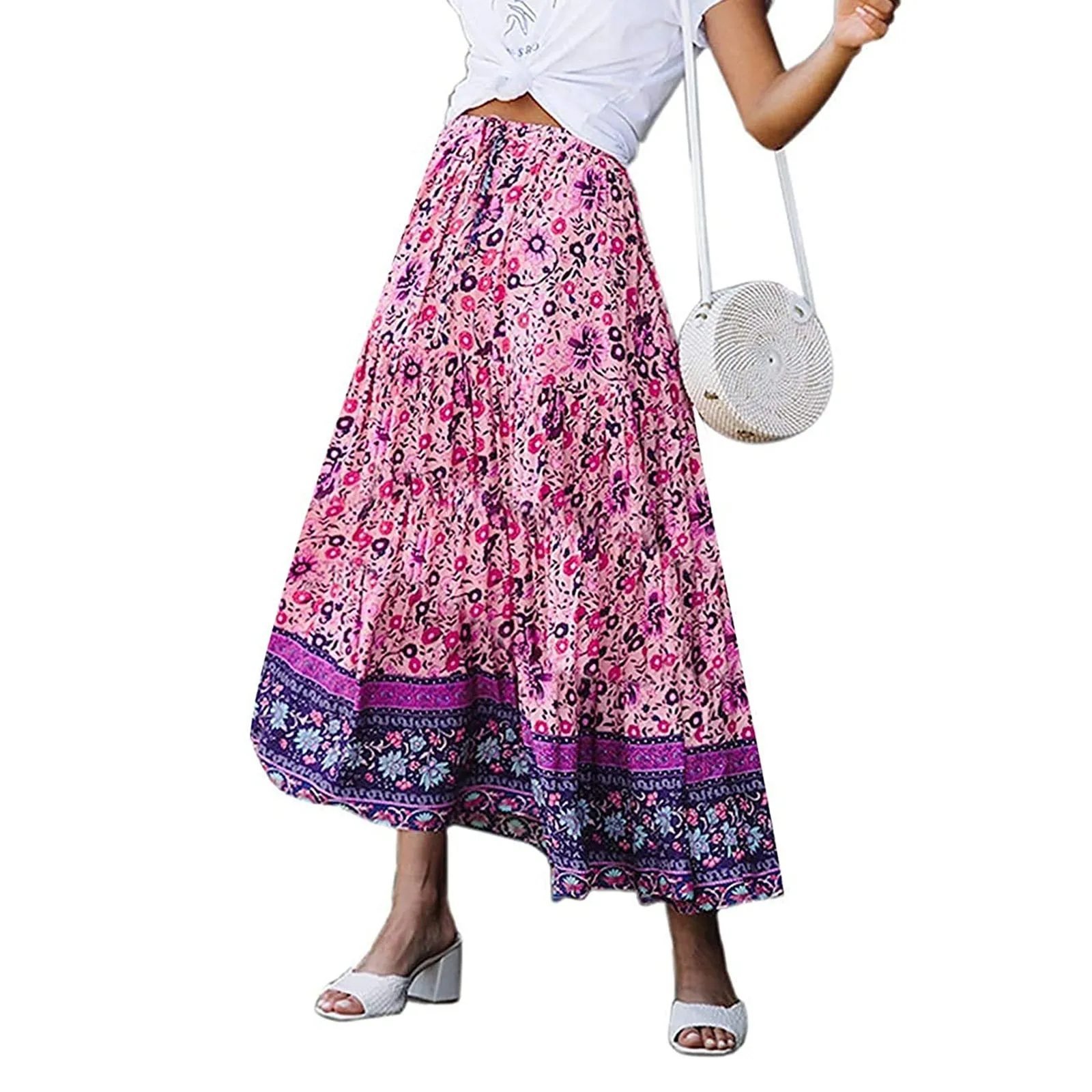 

Summer New Women's Skirts Hight Waist Elegant Bohemian Plaid Prints Elastic Waist A Line Long Skirt spodnice damskie L1