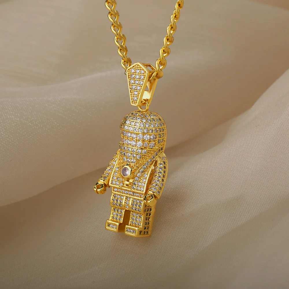 

Shiny Crystal Astronaut Pendant Necklace Jewelry Hip Hop Universe Spaceman Robot Necklace Stainless Steel Chain Men Necklace