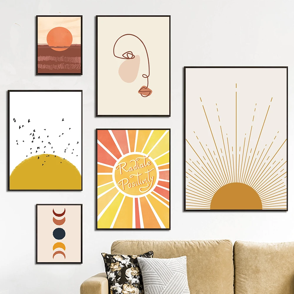 Минималистичная Картина на холсте в стиле бохо с желтым солнцем Настенная