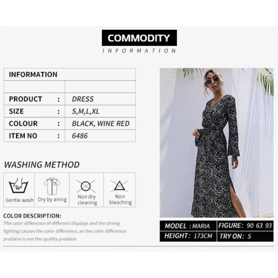 

Women Printed Long Dresses Flare Sleeve V-Neck Dress Slim Long Sleeve Hedging Wine Red Black Dress Commuter Vacation