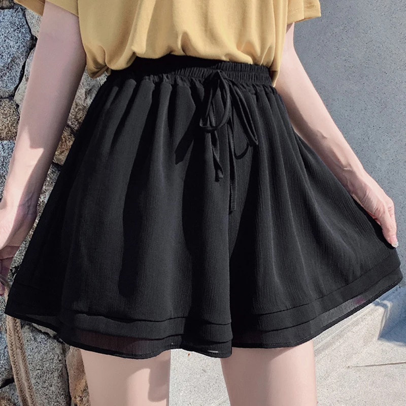 

Женские шифоновые шорты, летние корейские двухслойные широкие шорты с высокой талией, Повседневная Свободная юбка, короткая Мягкая юбка