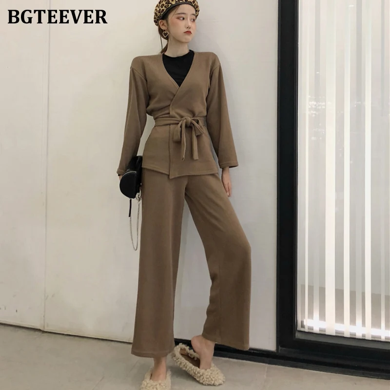 BGTEEVER Повседневный Женский вязаный комплект из 2 предметов кардиган с v образным