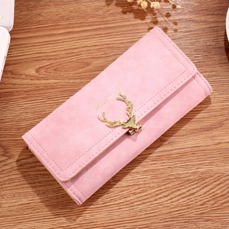 Pink Long Новинка, женский кожаный бумажник с рождественским оленем, винтажный Роскошный кошелек для денег, маленький черный клатч, держатель для монет - Цвет: Pink Long