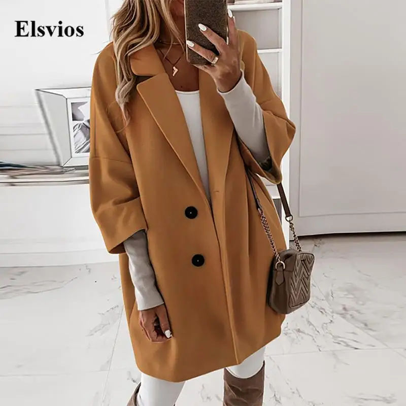 

Женская шерстяная куртка на пуговицах, элегантная Свободная куртка с длинным рукавом и карманами, верхняя одежда с отложным воротником, Осе...