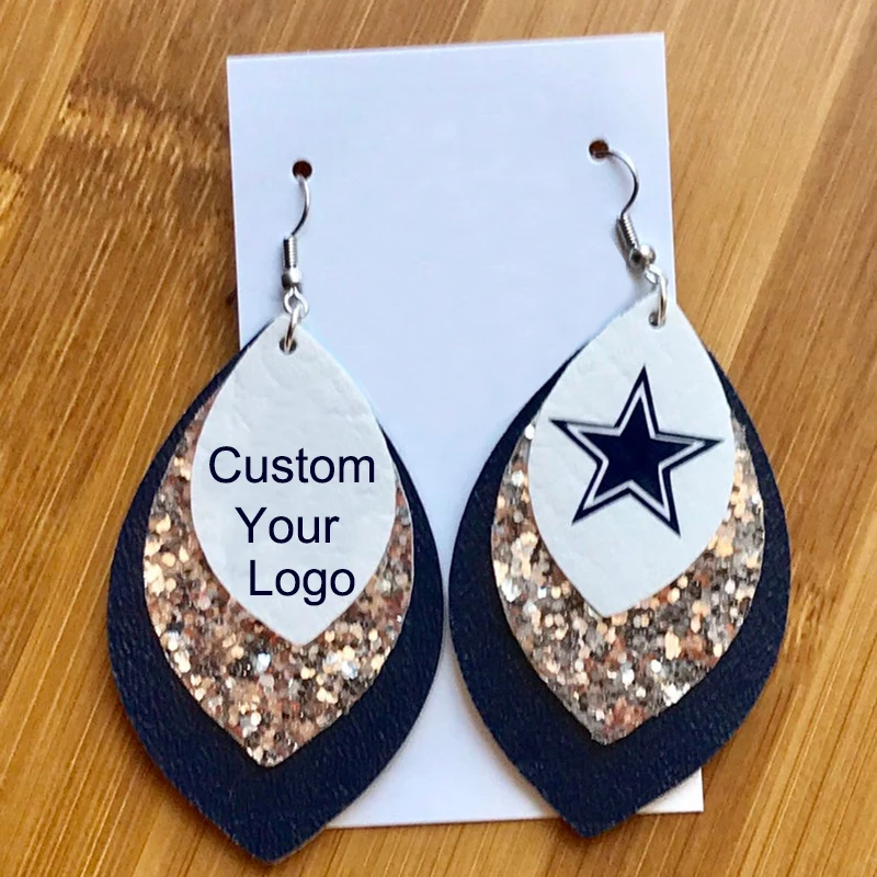 

48 pairs Customize New 3D Glitters Pentagram Football Leather Teardrop Earrings Three Layers Sample Leaf Earrings We Can Make