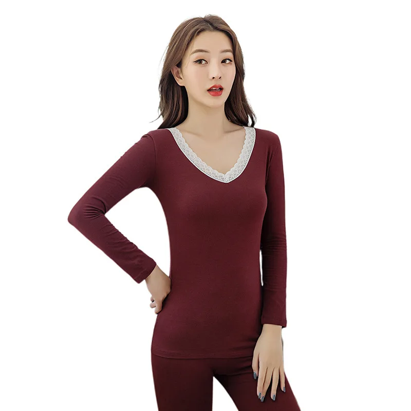 

Autumn Clothes Long Trousers Thermal Underwear Ladies Base Coat Solid Color Cotton New Sweater Thermal Suit Lace Collar 2020