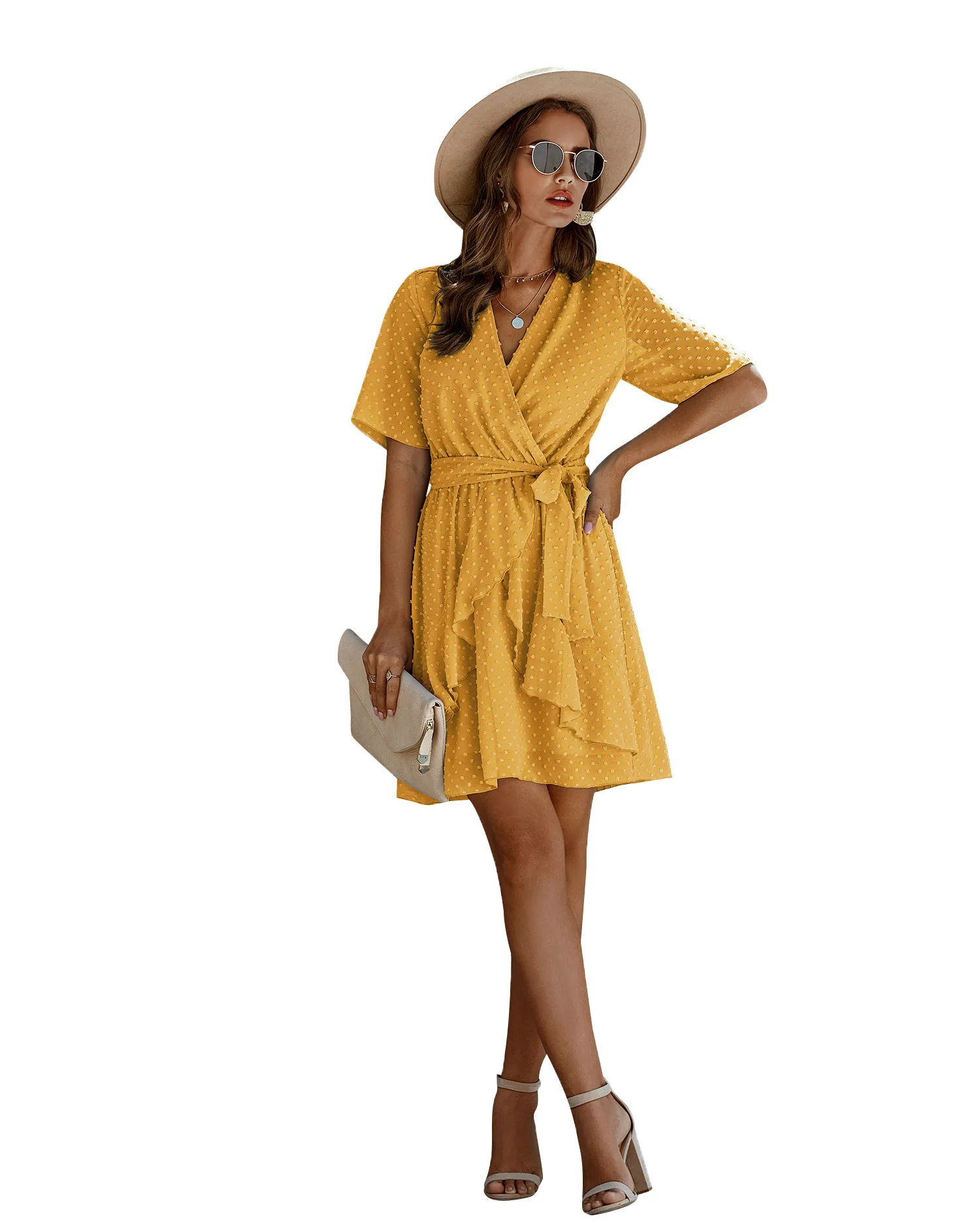 

Women Dress Irrgular Short Sleeve V-neck High Street Dot Sashes Short Dress Women Clothes Robe