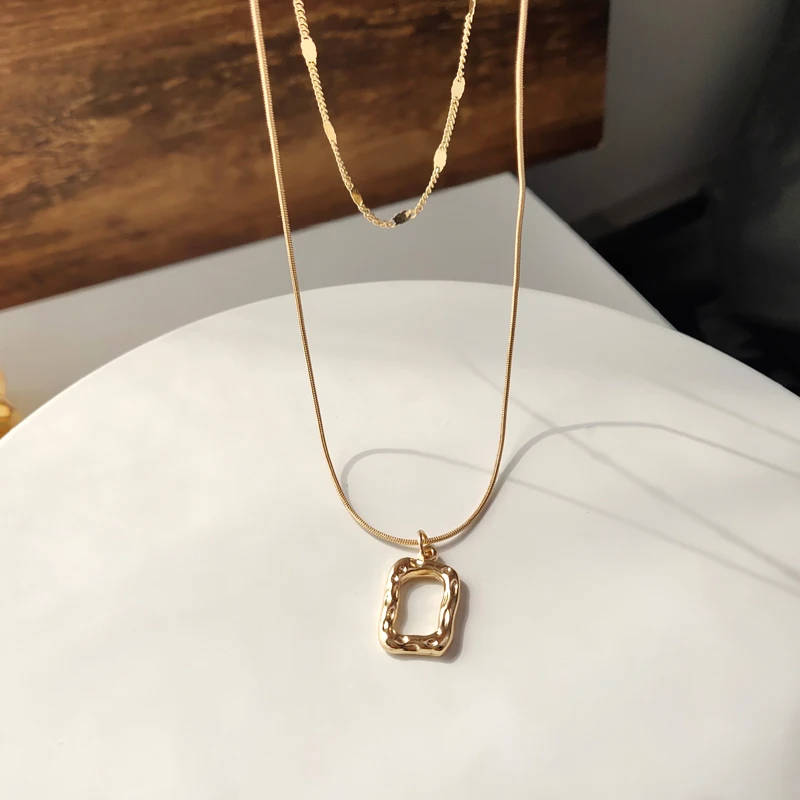 

Trendy Jewelry Square Pendant Necklace Popular Golden Plating Two Layer Chain Necklace Hot Selling For Girl Lady Gifts