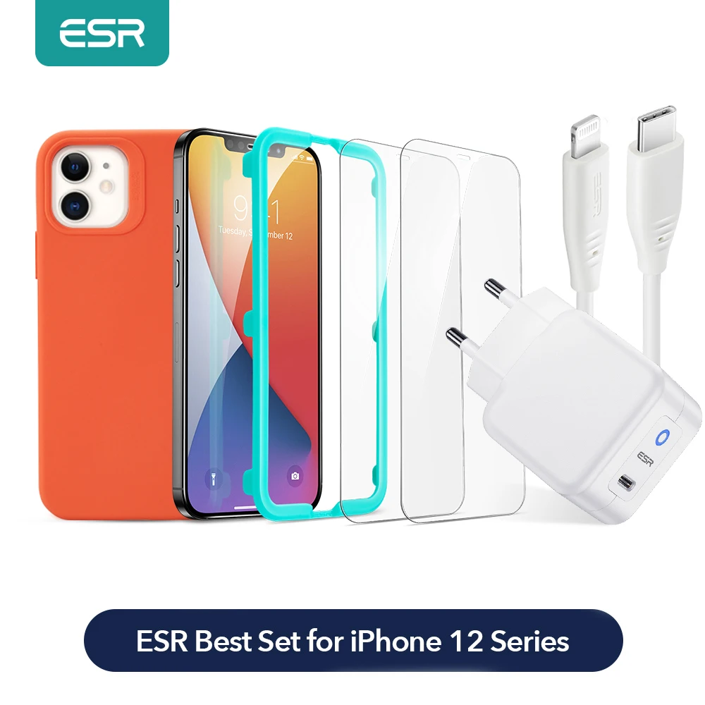 

Комплект ESR для iPhone 12mini/12/12pro/12 Pro Max, силиконовый чехол, 2 шт. закаленное стекло, зарядное устройство PD 20 Вт, кабель Mfi Lightning