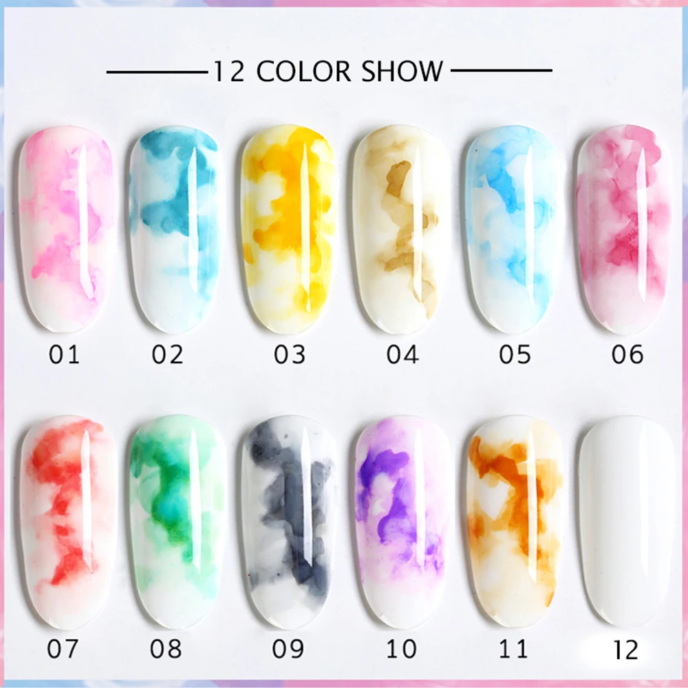 

12 Bottle Watercolor Ink Nail Polish Blooming Flower Smoke Effect Gel Smudge Bubble Varnish Manicure Decoration Tools