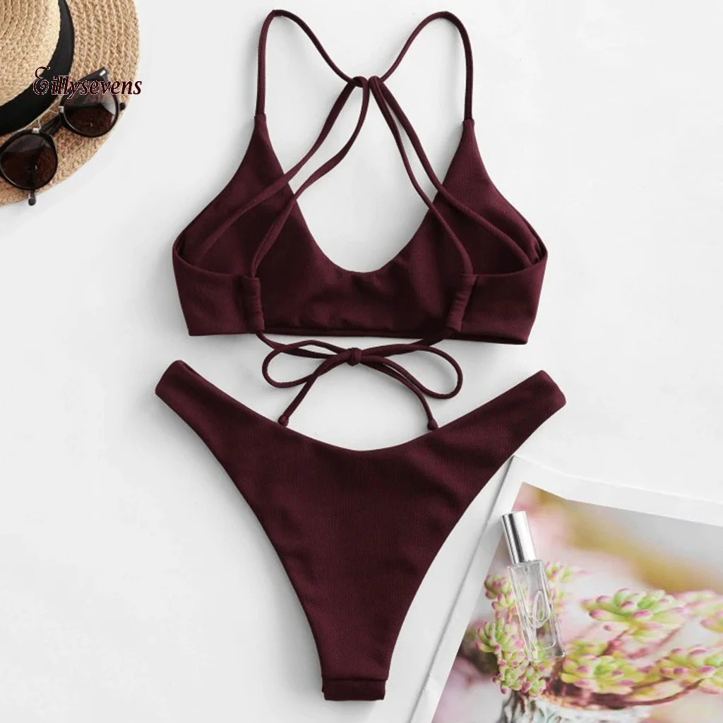 

Сексуальный женский купальник из двух предметов, однотонный комплект бикини со шнуровкой сзади, купальник, аксессуары, 2021