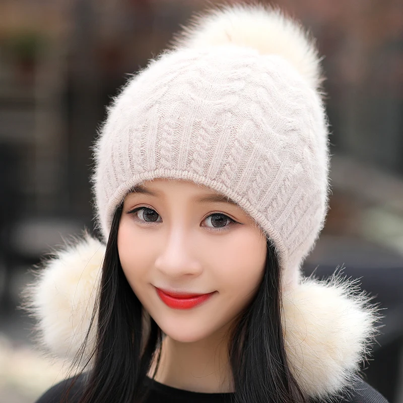

H7731 Женская Шапка-бини из кроличьего меха, женская зимняя теплая шапка с защитой ушей, Корейская Милая плотная вязаная шапка для студентов