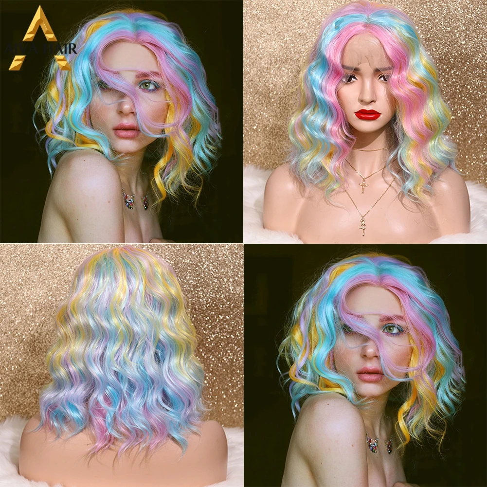 Rainbow Synthetic Lace Front Wig Pink Yellow Drag Queen Synthetic Lace Short Wig Aiva Heat Resistant Cosplay Lace Wigs For Women