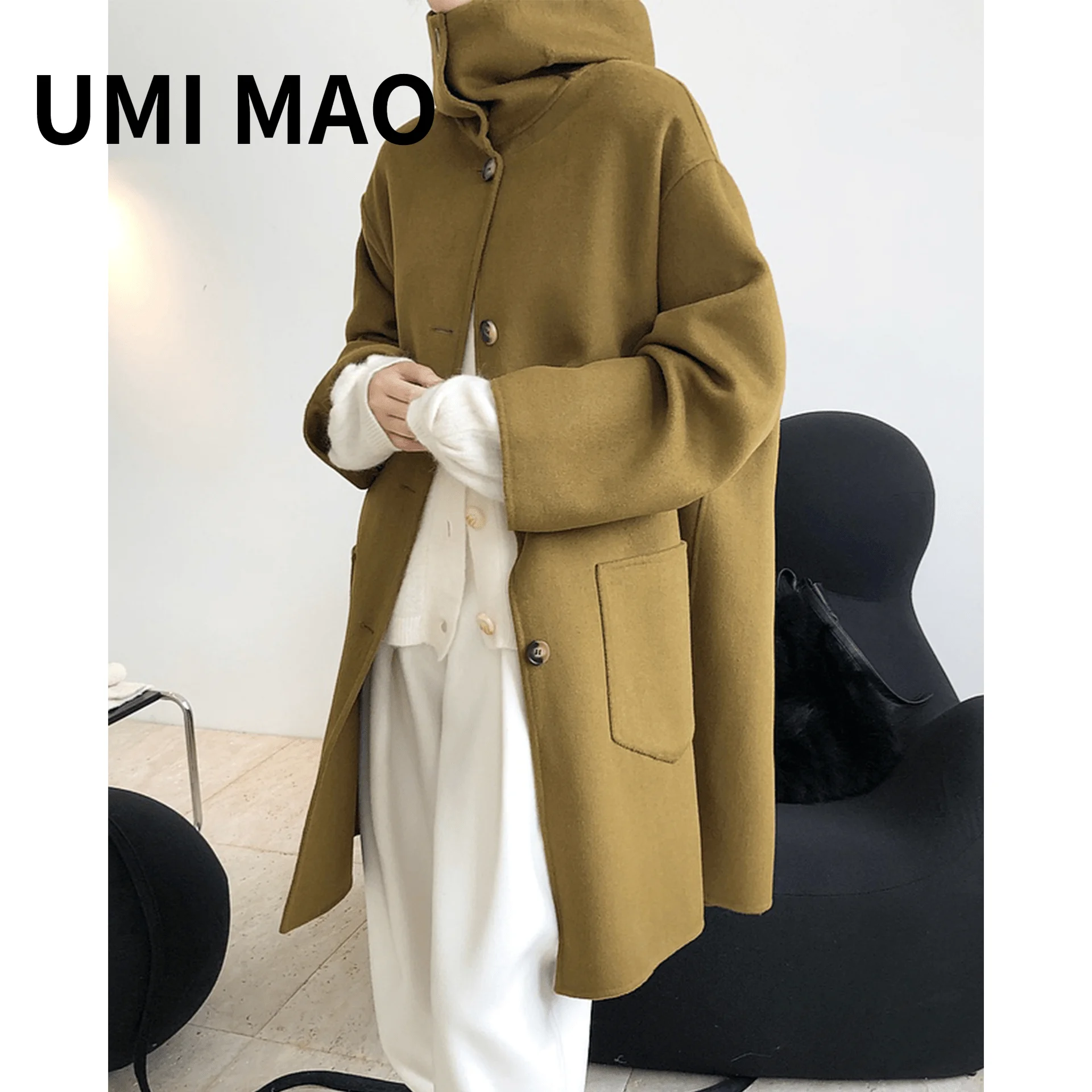 

UMI MAO Winter French Retro Fashionable Silhouette Hooded Double-sided Woolen Coat Loose Thin Mid-length Female Overcoat Y2K