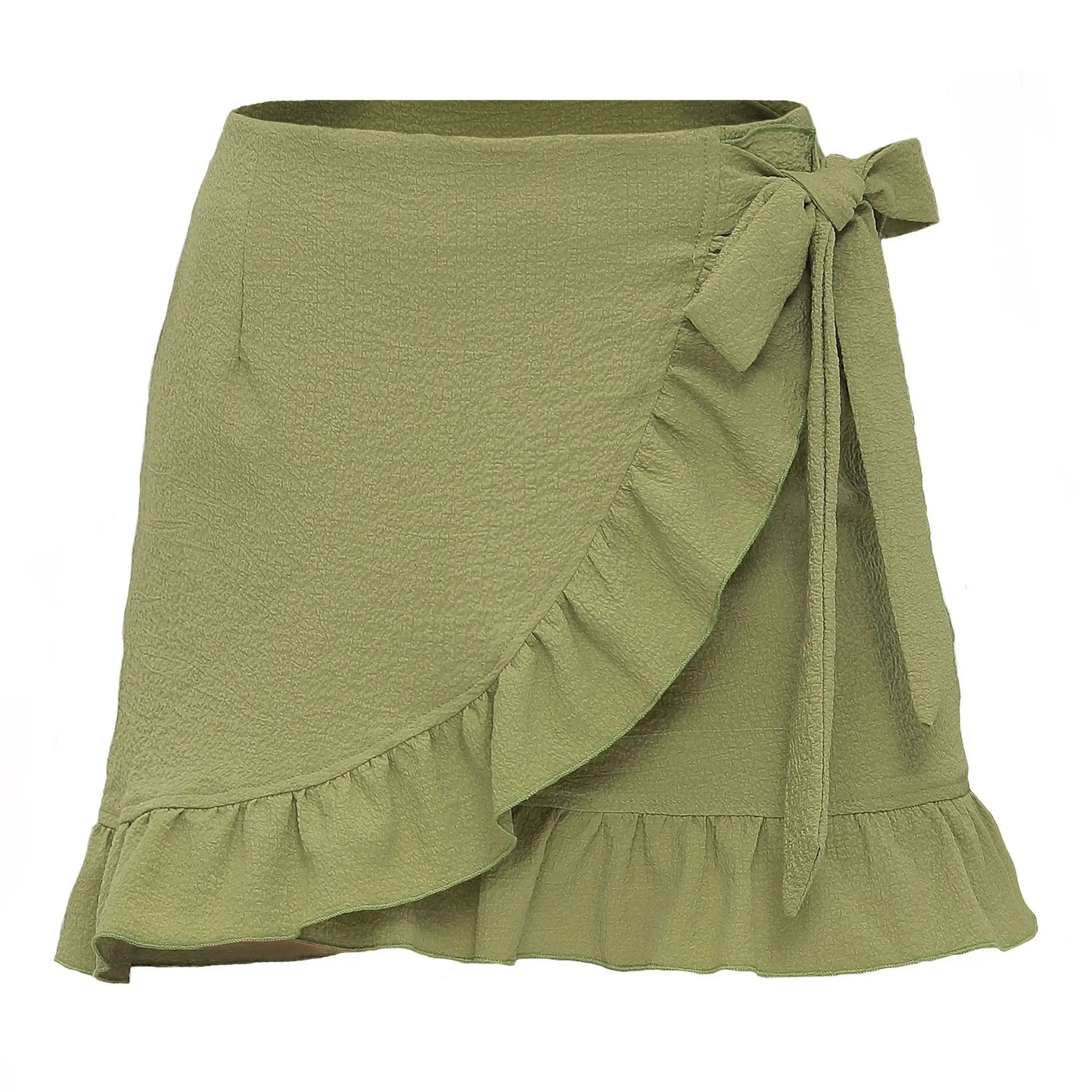 

Seersucker Asymmetrical Ruffled High Waist Pink Mini Skirt Women Summer ElasticWaist Lace-up Zipper Short Skirt Women's Clothing