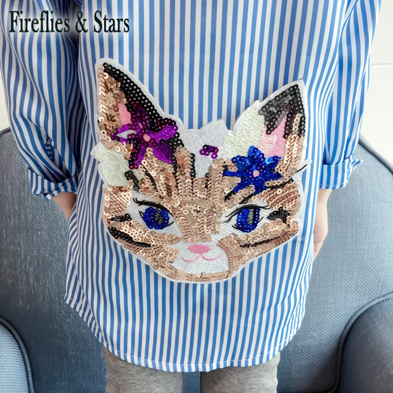 Spring Autumn baby girls blouse dress kids tops Children brand clothes fashion striped sequin cat letter pop crown 2 to 7 yrs | Детская