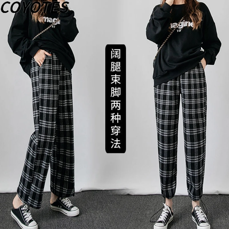 

COYOTES Womens Pants Thin Black Plaid Wide-Leg Pant Women High Waist Trousers Pocket Japanese Casual Loose Street Wear Fashion