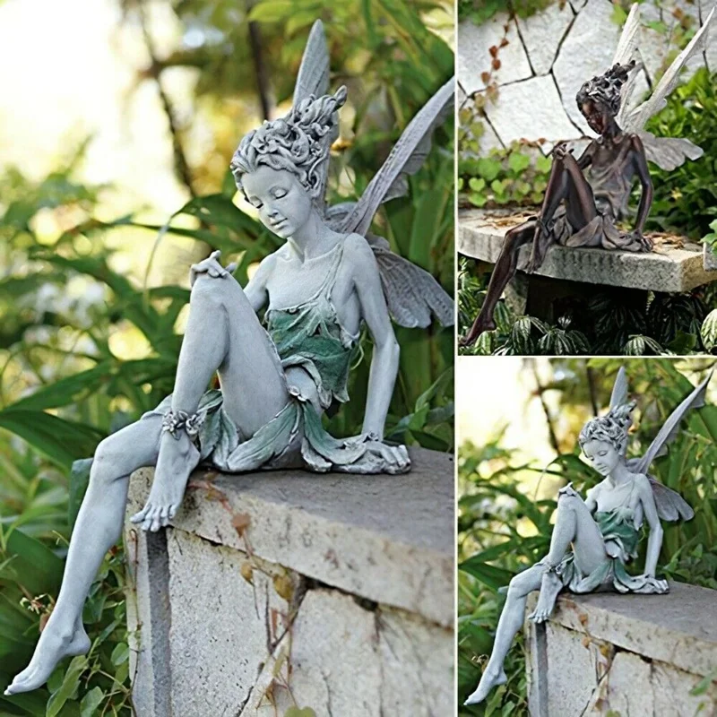 

Angel Sculpture Desktop Decoration Flower Fairy Statue Resin Decor Artwork for Home Garden Grey/Black Ornament