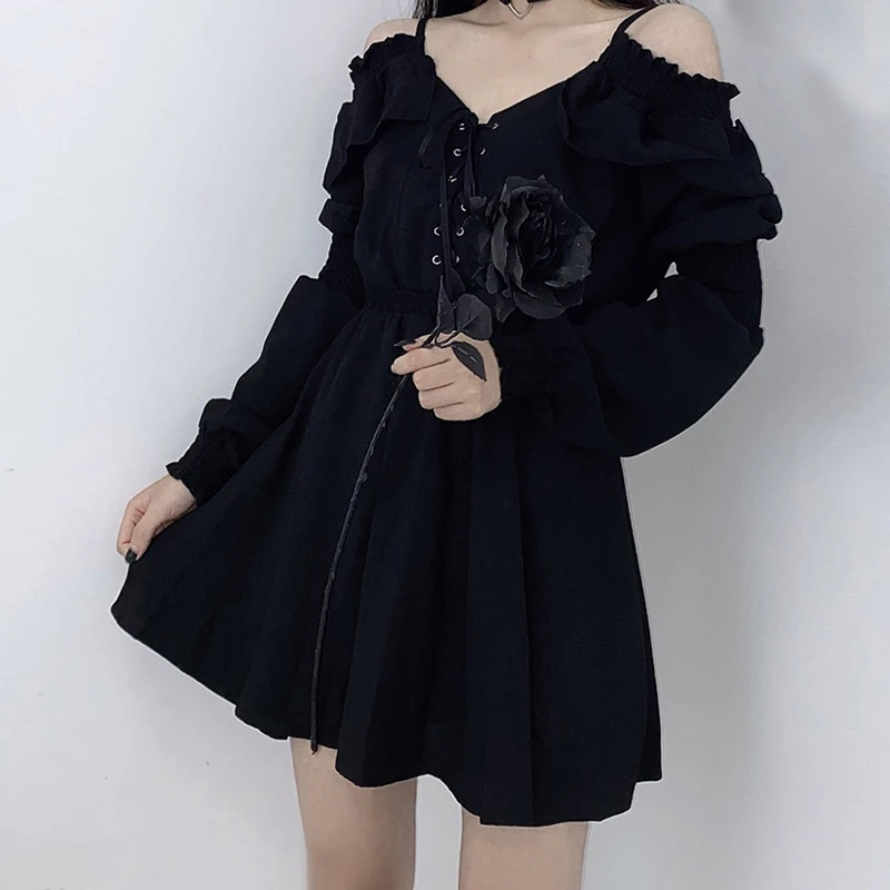 

Women Black Dress Lace Up 2021 Autumn Sexy High Waist Femme Dresses Off Shoulder Long Sleeve Party Clothes Plus Size 4XL