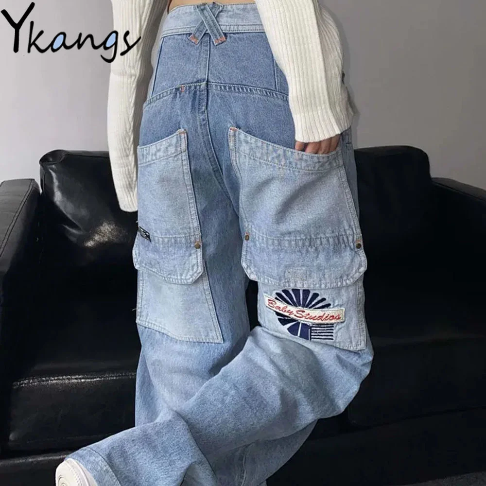 

Oversized Baggy Big Pockets Embroidered Wide Leg Cargo Pants Big Size Streetwear Women Jeans Hip Hop Hippie Gothic Denim Trouser