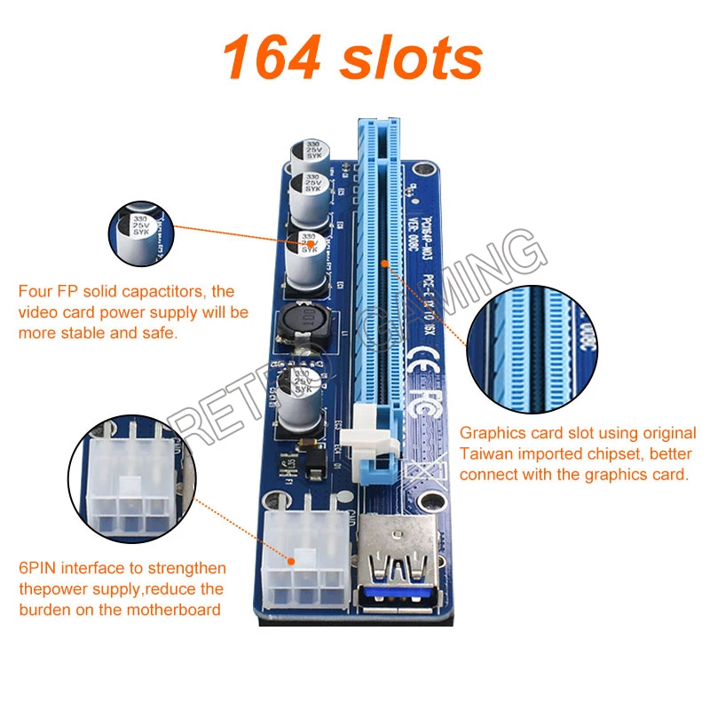 

2 pcs VER008C Molex 6 pin PCI-E Mining Riser Card 008C 1X to 16X Extender 60cm SATA USB 3.0 Cable Mining Bitcoin Miner