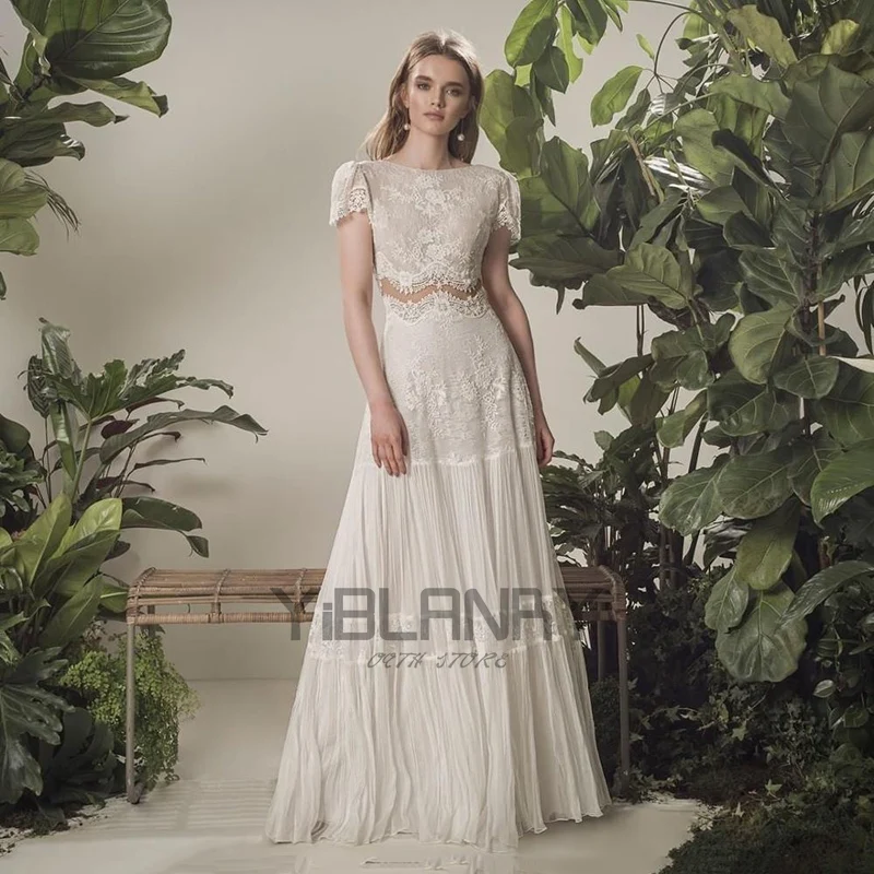 

YILIBERE Lace Wedding Dress Short Sleeve O-Neck Plus Size Luxury Lace Appliques Tulle Cathedral Train Robe Fluffy skirt