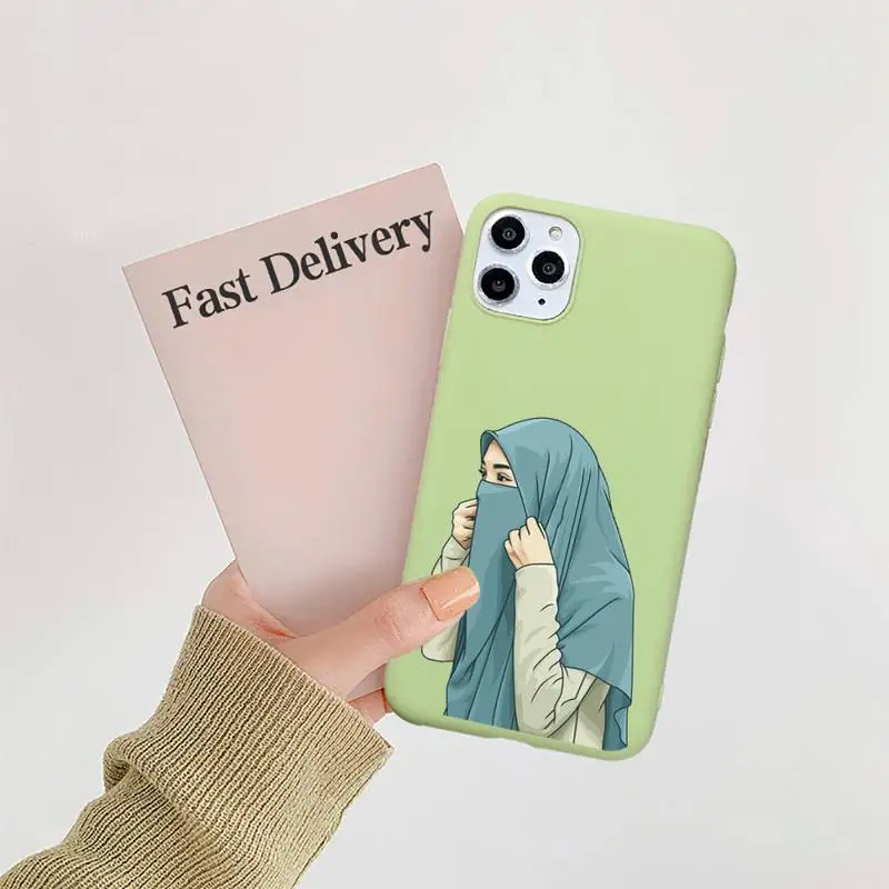 

Cute cartoon hijab muslim Girl Phone Case Candy Color for iPhone 6 7 8 11 12 s mini pro X XS XR MAX Plus
