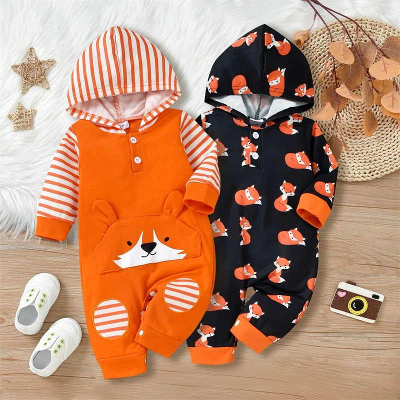 

0-18M Baby Girls Boys Romper Spring Autumn Toddlers Color Matching Cartoon Fox Printing Stripe Long Sleeve Hooded Jumpsuit