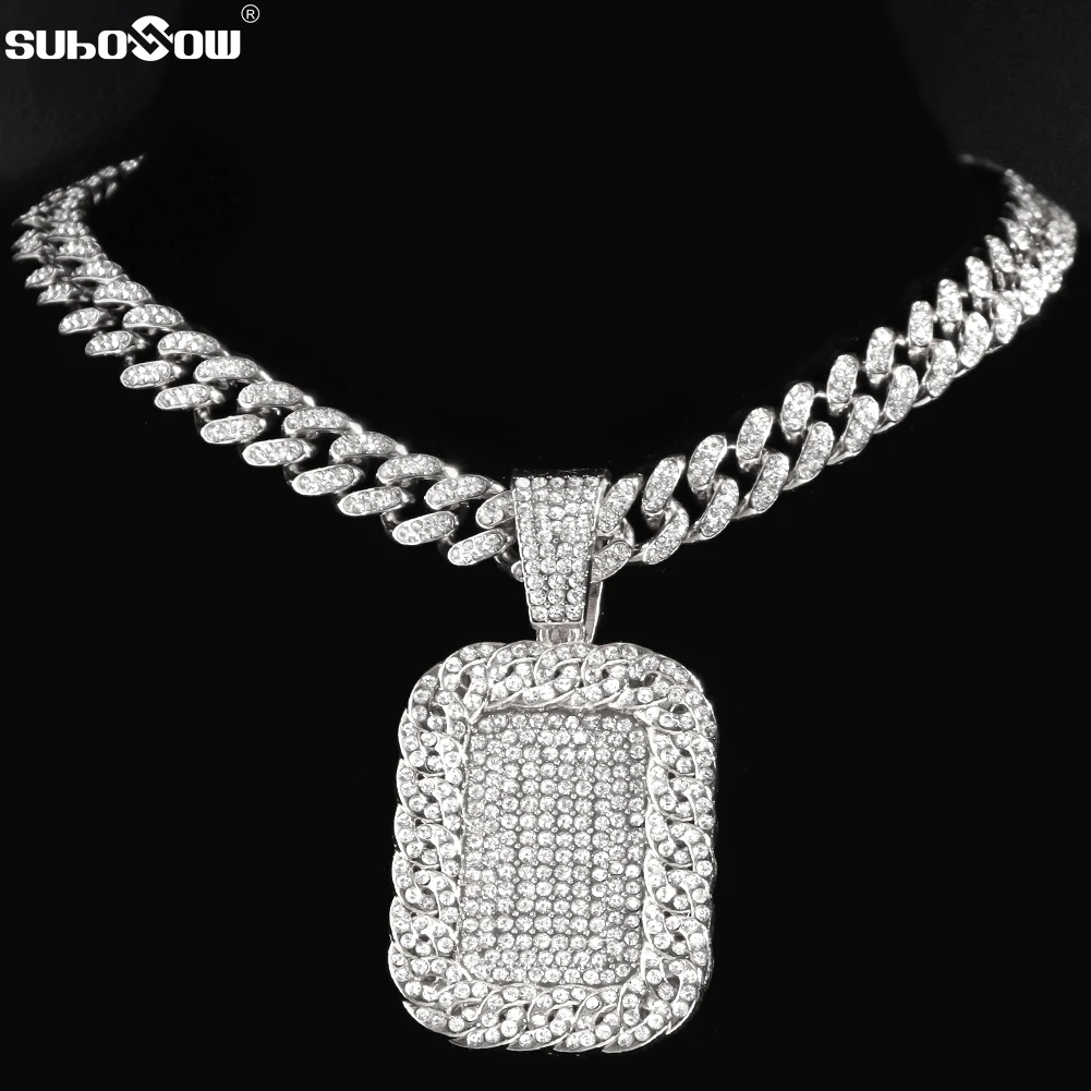 

Fashion Men Geometric Rectangle Tag Pendant Necklaces Iced Out 13mm Rhinestone Cuban Chain Necklaces Statement Hip Hop Jewelry