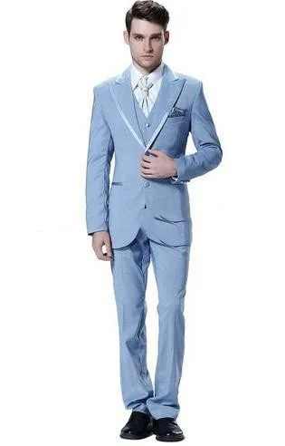 

Sky Bule Two Buttons Peaked Lapel Men Suits Custome Homme Fashion Tuxedos Terno Slim Fit (Jacket+Pant+Vest+Tie+Handkerchiefs)