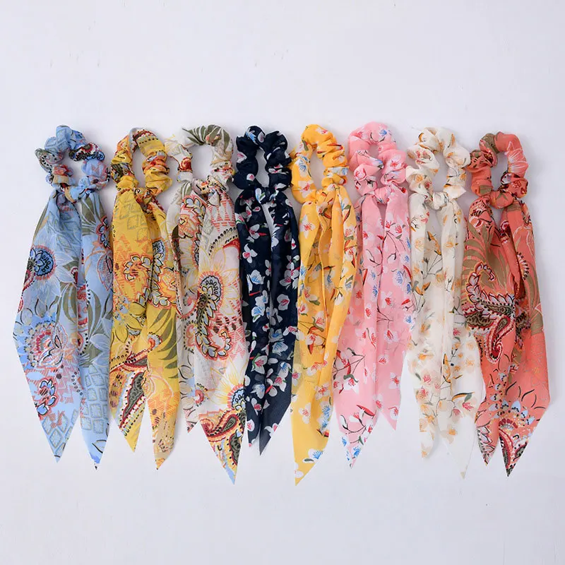 

Chiffon Hair Scrunchies Bohemian Floral Print Long Hair Ribbon Elastic Hair Bands Scarf Ponytail Holder Girls Hair Accessories