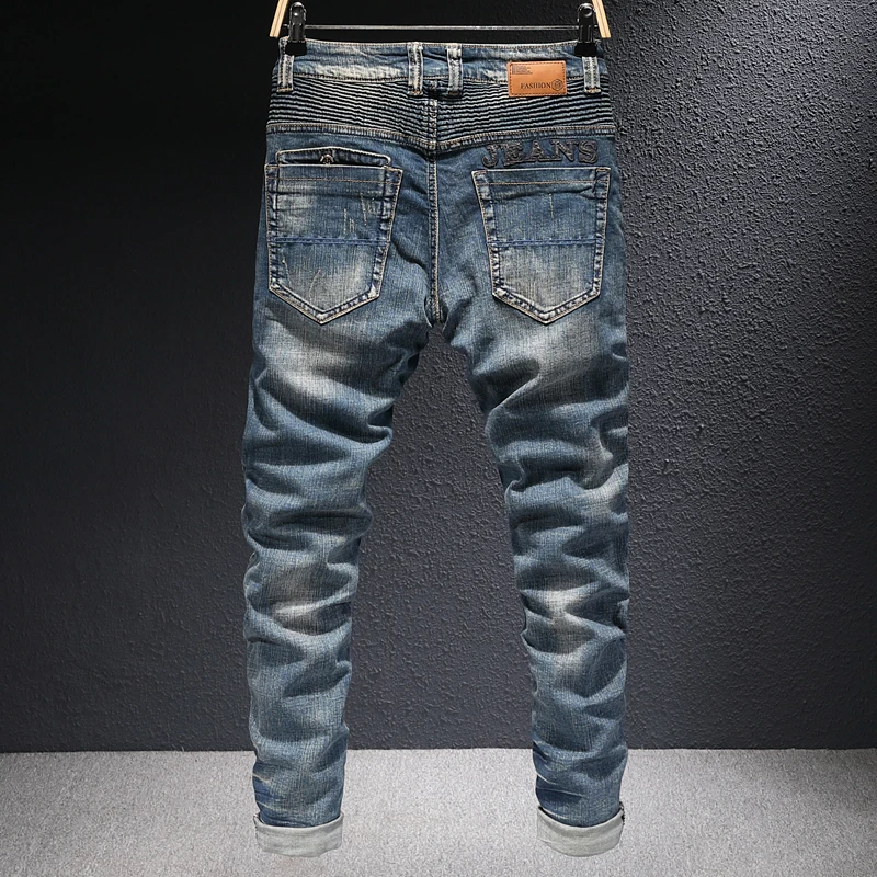 European American Vintage Fashion Men Jeans Retro Blue Elastic Slim Fit Ripped Jeans Men Distressed Designer Casual Denim Pants