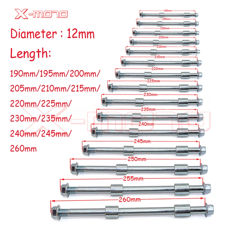 

Dirt Pit Bike Wheel Axle M12 190mm-260mm For Drum Brake Wheels Rims Hub 10inch 12" 14 16 17 18 19 inch Bolts