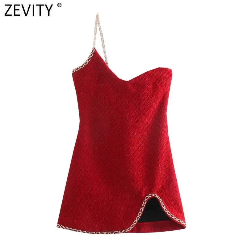 

ZEVITY женское сексуальное асимметричное красное платье-рубашка с цепочкой без бретелек, женское Шикарное облегающее вечернее платье на молн...