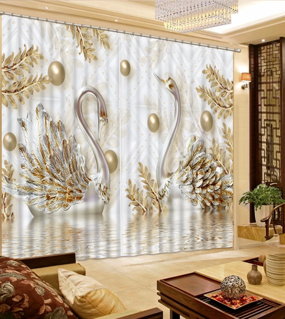 

European Luxury Curtains Gold Swan Curtain For Living Room Bedroom Children Room Sheer Blackout 3D Window Drapes Custom Any Size