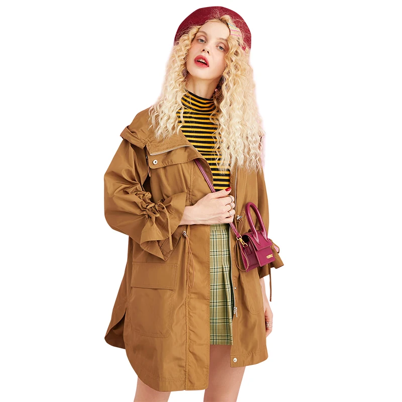 ELFSACK New Women Trench Coats,Fashion Casual Turn-down Collar Hooded Female Trench Coat Autumn Streetwear Clothing