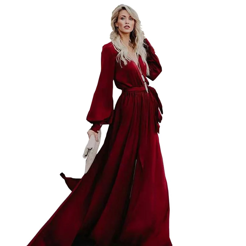 

Long Maxi Dresses Women Elegant V Neck Long Lantern Sleeve Belt Split Loose Party Dresses Women Evening Plus Size